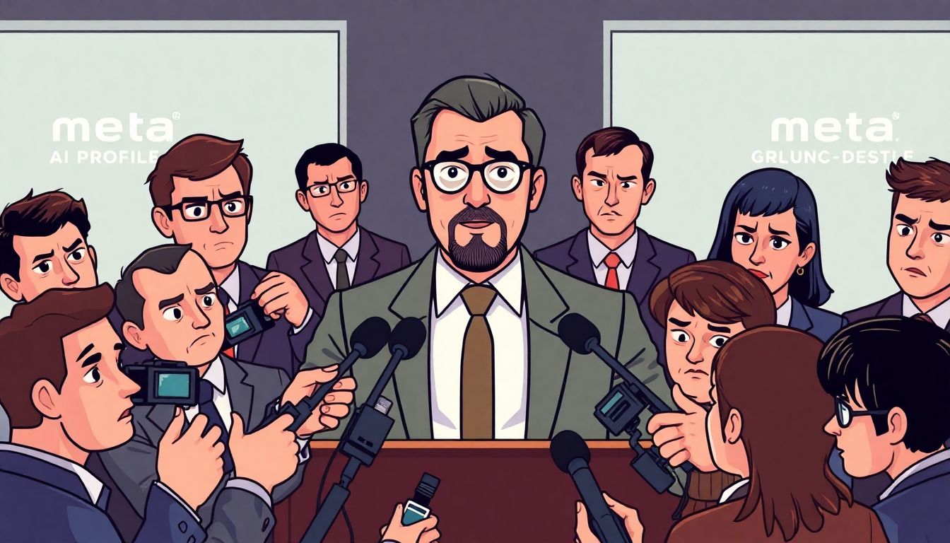 Illustrate a press conference with a Meta executive announcing AI profiles, surrounded by a mix of curious and annoyed reporters.