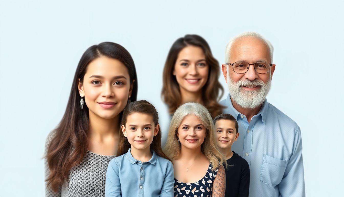Create a collage of ridiculous AI-generated profile pictures, including a blurry-faced family and a faceless grandpa.