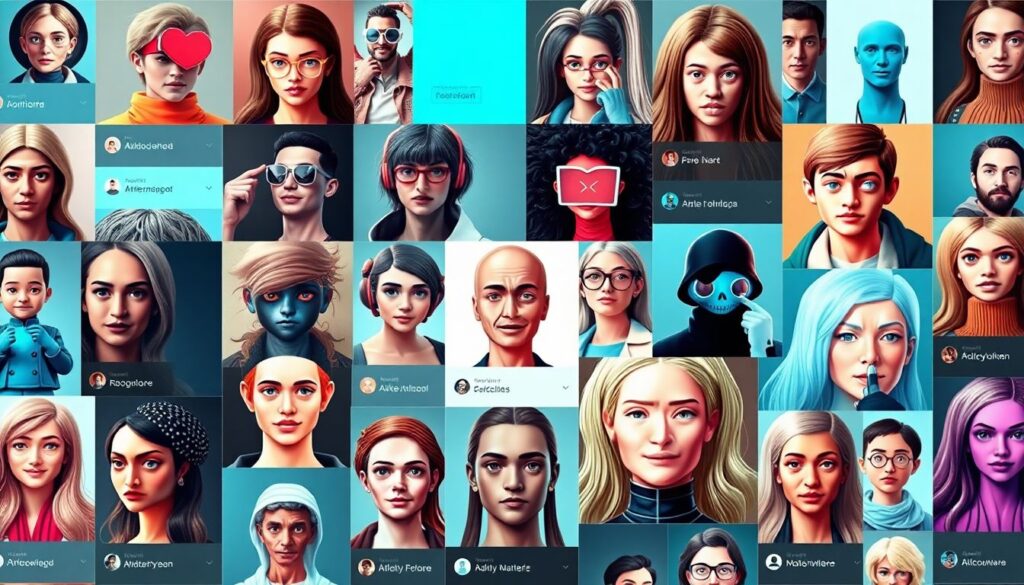 Create an image of a futuristic social media feed filled with AI-generated profiles, some humorous, some cringeworthy, all clearly artificial.