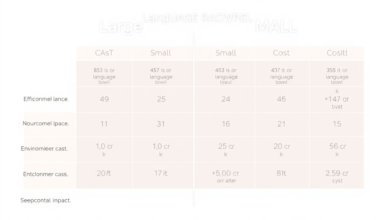 A comparison chart illustrating the differences between large and small language models, focusing on efficiency, cost, and environmental impact.