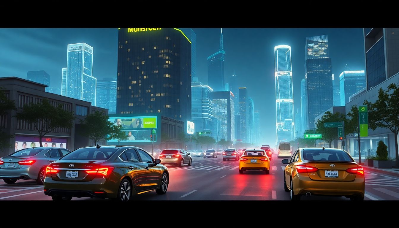 Illustrate a conceptual future scenario where AI-powered vehicles are seamlessly integrated into smart cities, with Nvidia and Cerence technologies at the forefront.