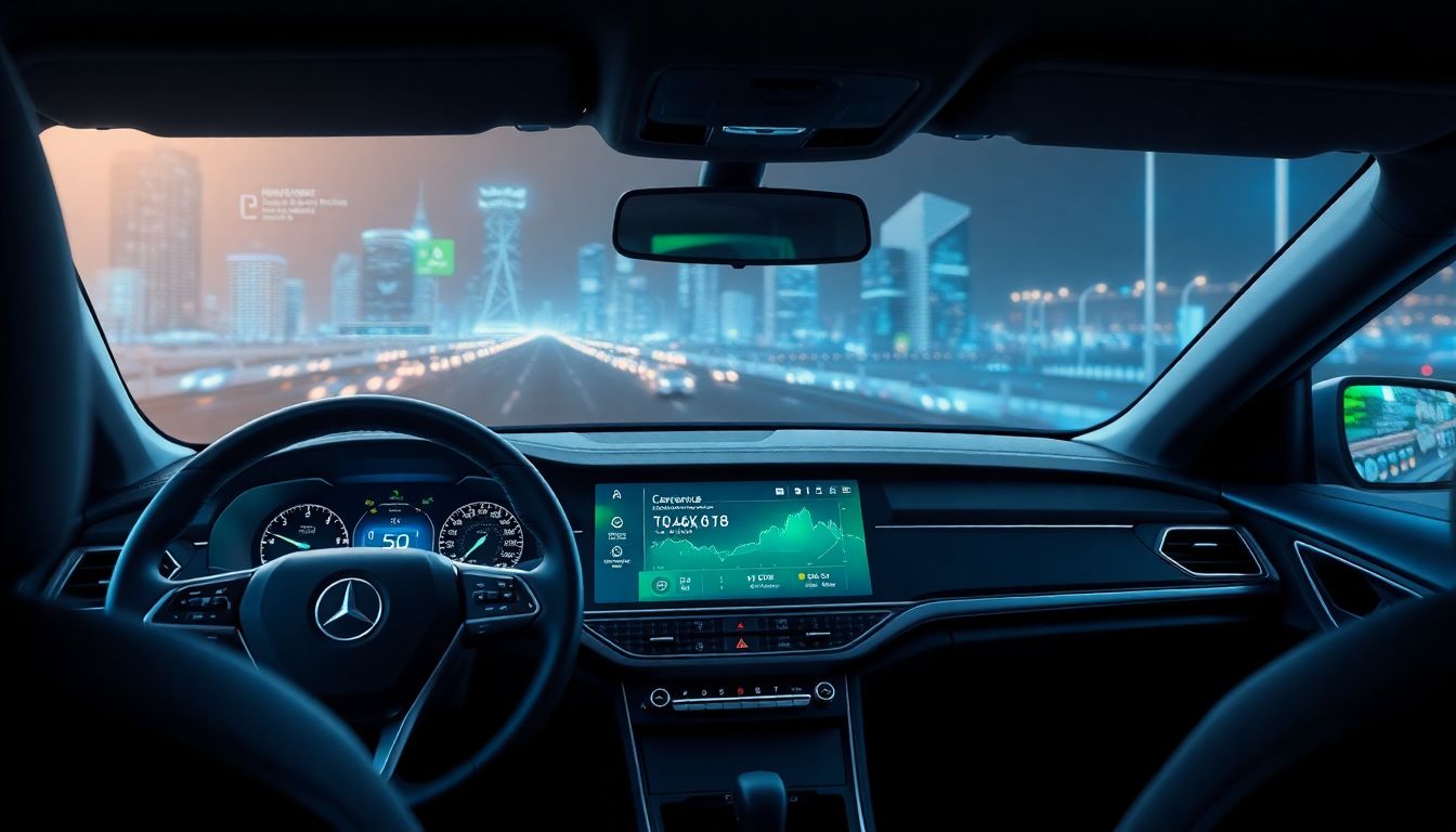 Create an illustration of Nvidia's GPU technology integrated with Cerence's AI-powered virtual assistants in a modern vehicle dashboard.