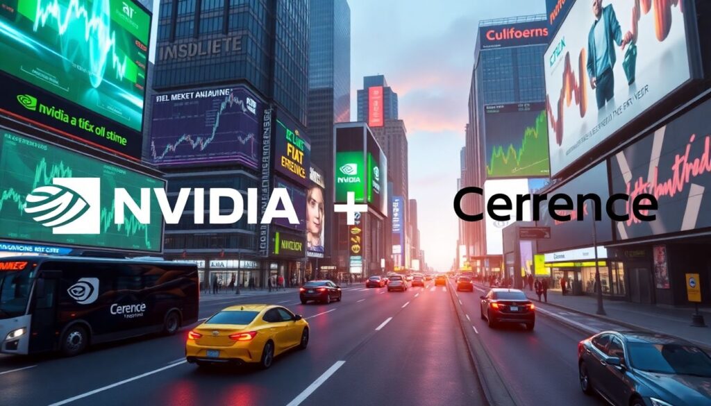 Generate an image of a futuristic cityscape with AI-powered vehicles and digital billboards displaying stock market trends, with Nvidia and Cerence logos prominently featured.