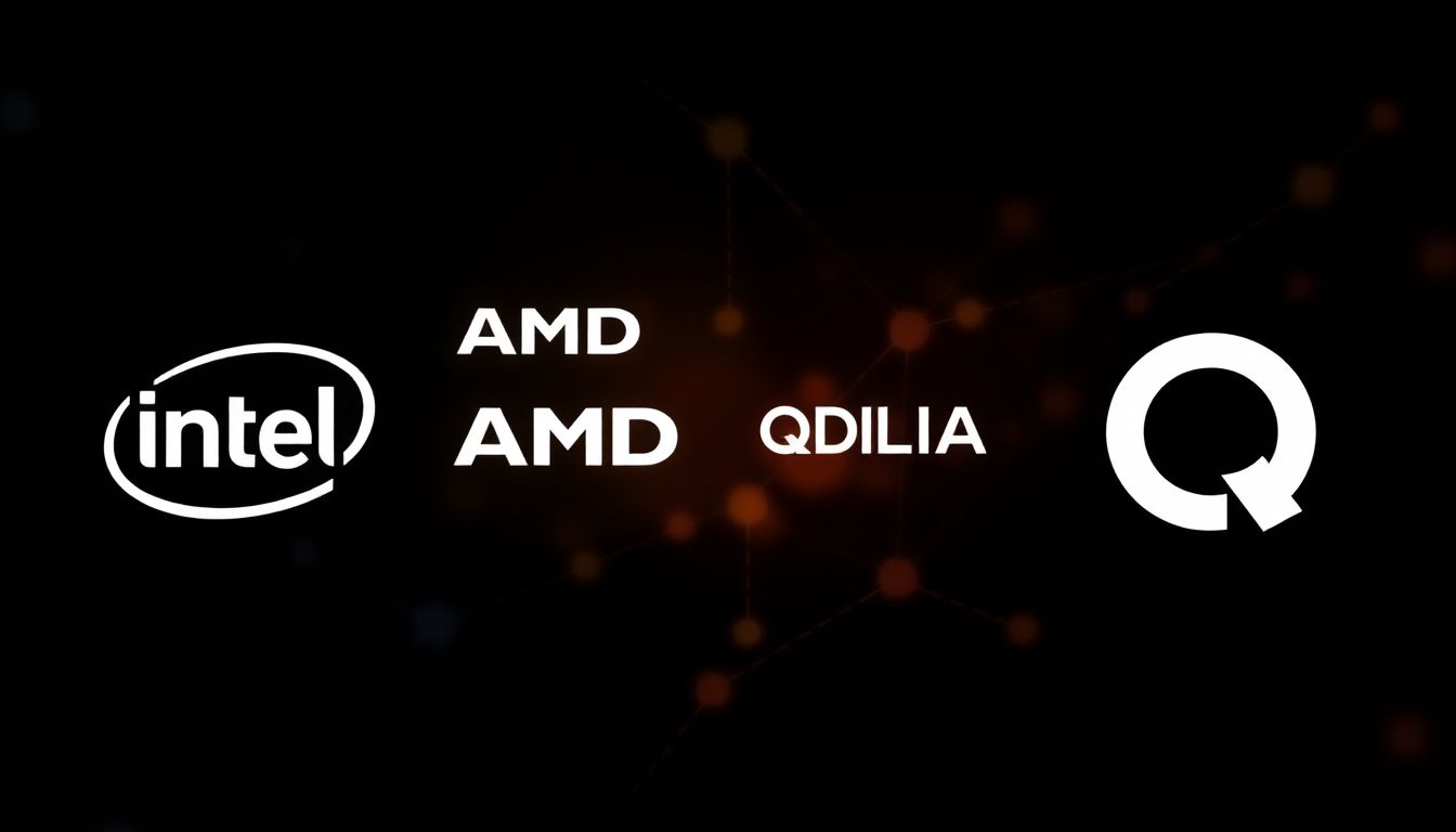 Create a visual representation of the logos of Intel, AMD, Nvidia, and Qualcomm arranged in a dynamic, interconnected network, symbolizing their competition and collaboration in the AI PC market.