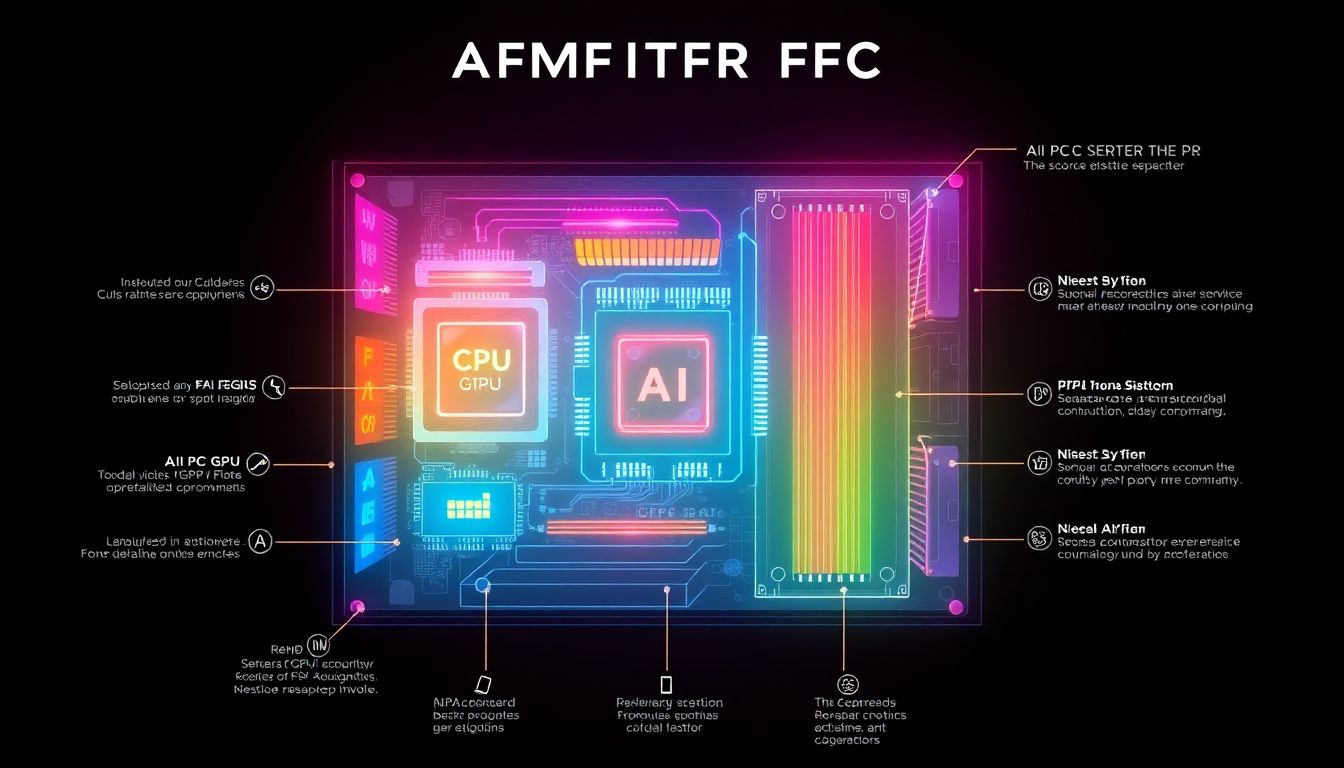 Design an infographic showcasing the internal components of an AI PC, highlighting the CPU, GPU, and AI accelerators with vibrant colors and futuristic aesthetics.