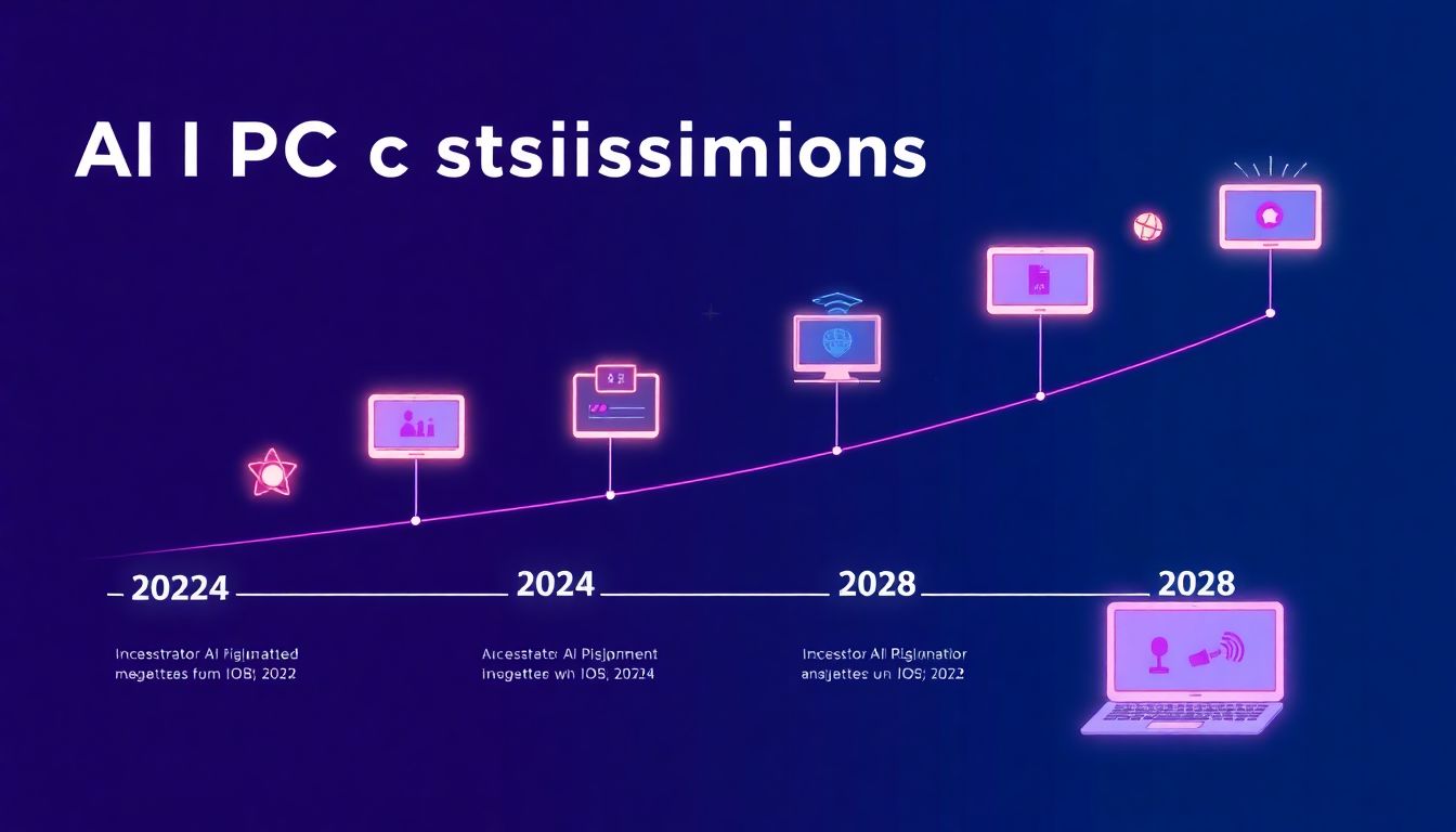 Illustrate a timeline or graph showing the projected growth of AI PC shipments from 2024 to 2028, with futuristic icons and a vibrant color scheme.