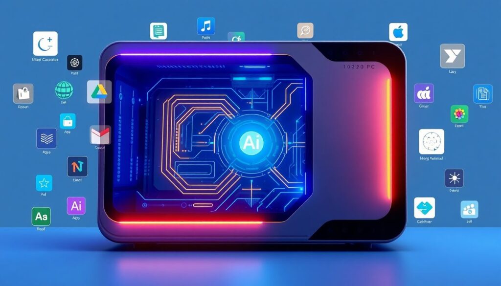 Create an image of a futuristic AI PC with glowing AI accelerators and a sleek design, surrounded by icons representing productivity and creativity apps.