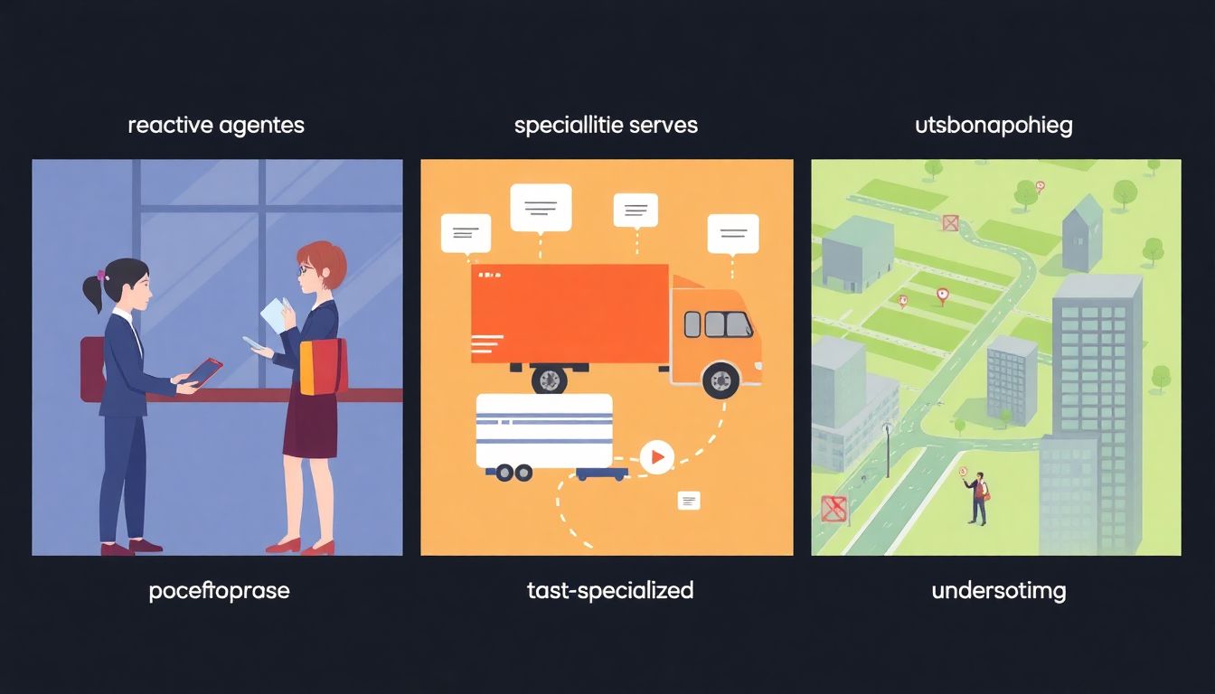 Create visuals depicting reactive agents in customer service, task-specialized agents in logistics, and context-aware agents in urban planning, showcasing their unique capabilities and impacts.