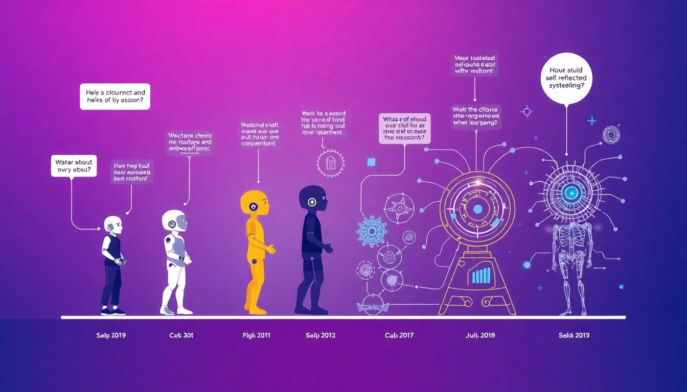 Design an illustration showcasing the progression of AI agents, from basic chatbots to advanced, self-reflective systems, highlighting the increasing complexity and capability at each level.