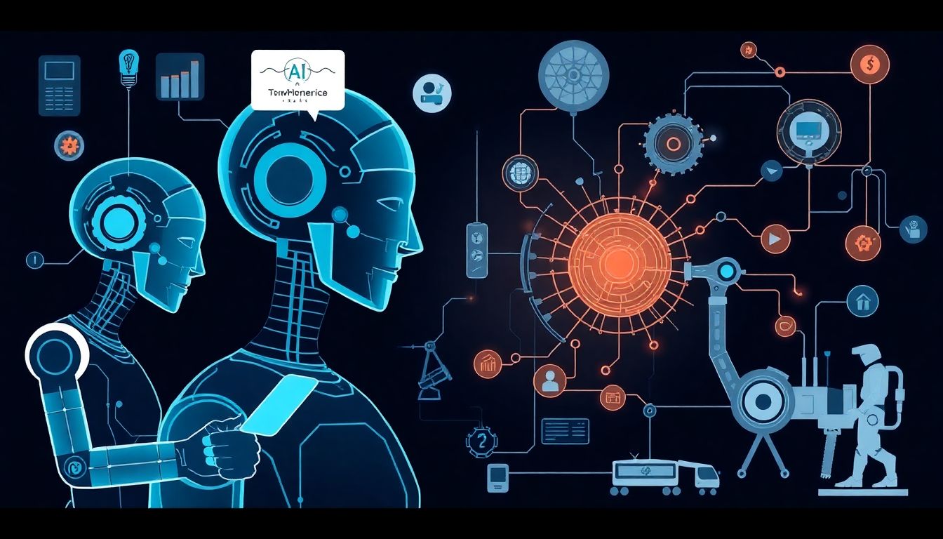 Illustrate advanced AI agents in action, such as socially savvy agents in customer service, self-reflective agents in manufacturing, and the hypothetical impact of superintelligent agents on various industries.