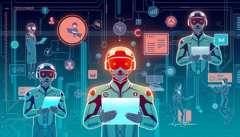 Create an engaging image depicting various AI agents handling different business activities, from customer service to logistics, with a futuristic and dynamic aesthetic.