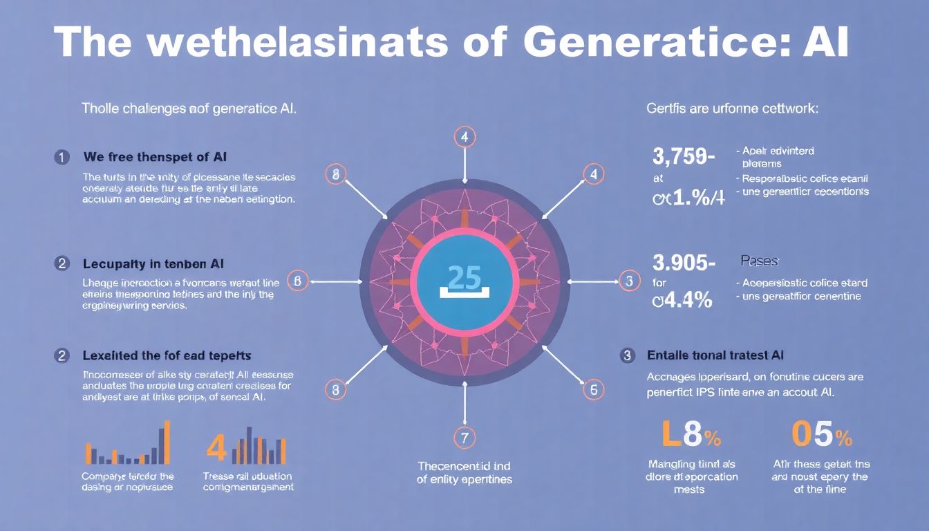 Challenges and Limitations: The Real-World Struggles An infographic illustrating the key challenges and limitations of generative AI, with visual representations of data and statistics.