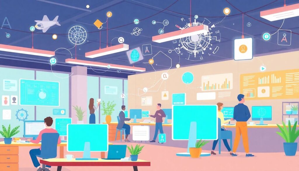 Two Years After the Launch of ChatGPT: How Has Generative AI Helped Businesses? An illustration showcasing a bustling office environment where AI-powered tools are seamlessly integrated into various business processes, with employees collaborating effortlessly.