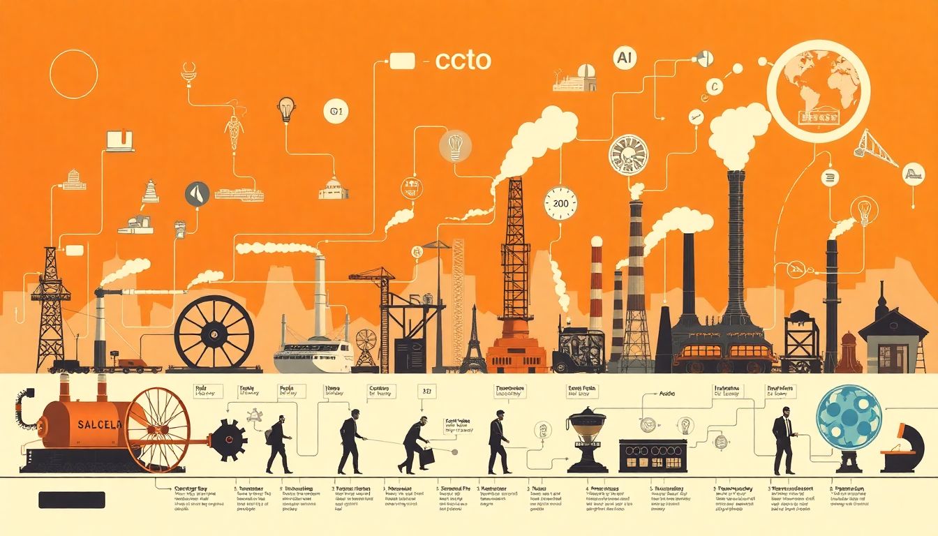 Illustrate the evolution of industrial revolutions, highlighting key technologies from the steam engine to AI.
