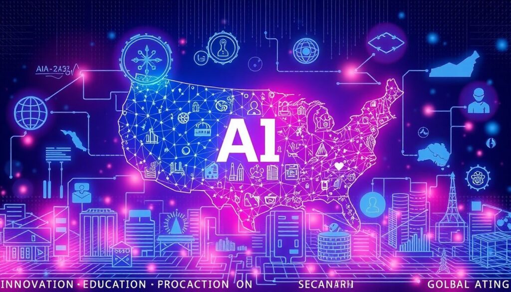 Create an image showcasing the integration of AI technology in various sectors of the American economy, with a focus on innovation, education, and global collaboration.