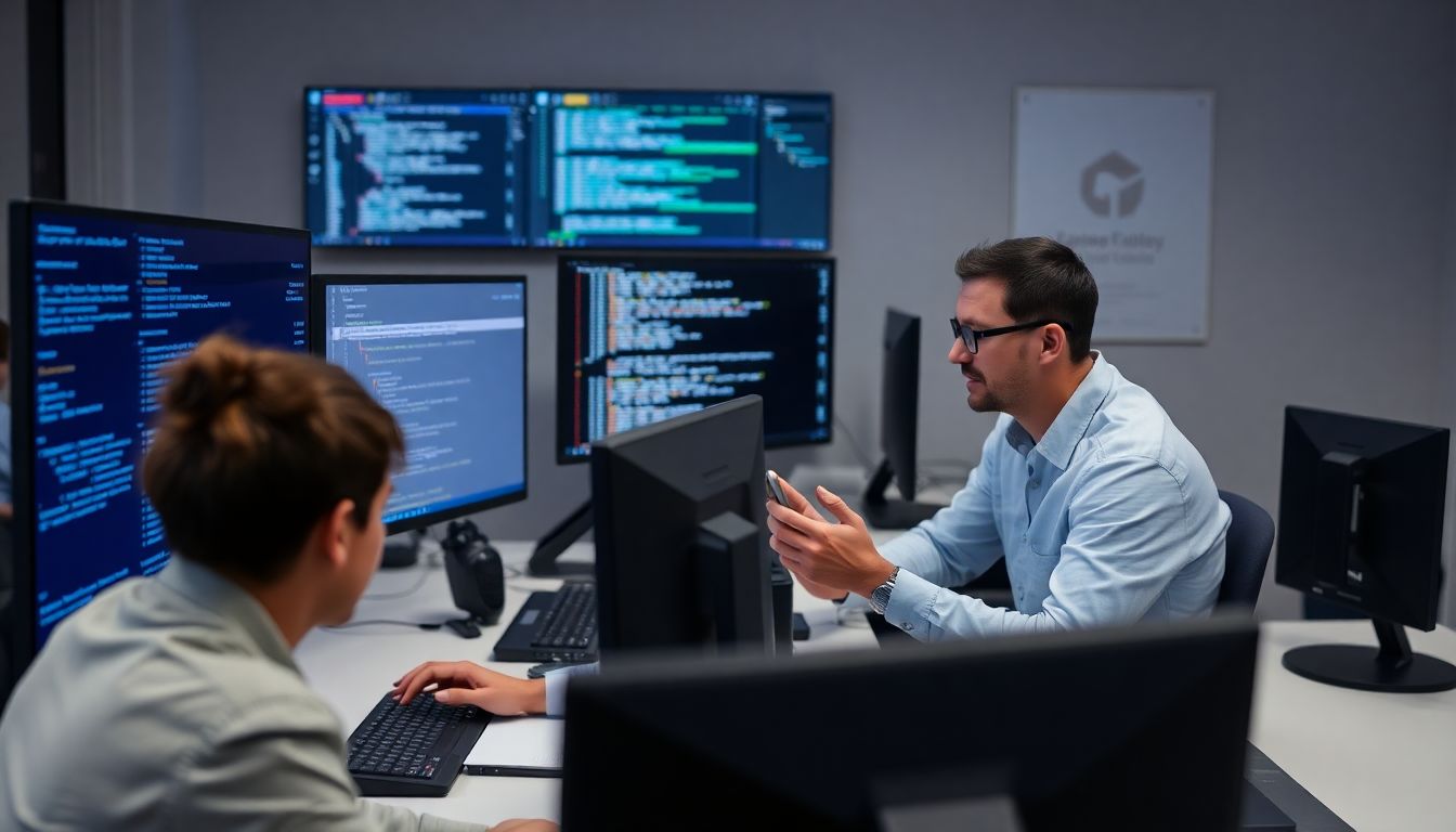 Show a team of developers working on code, with a supervisor reviewing AI-generated content for potential issues.