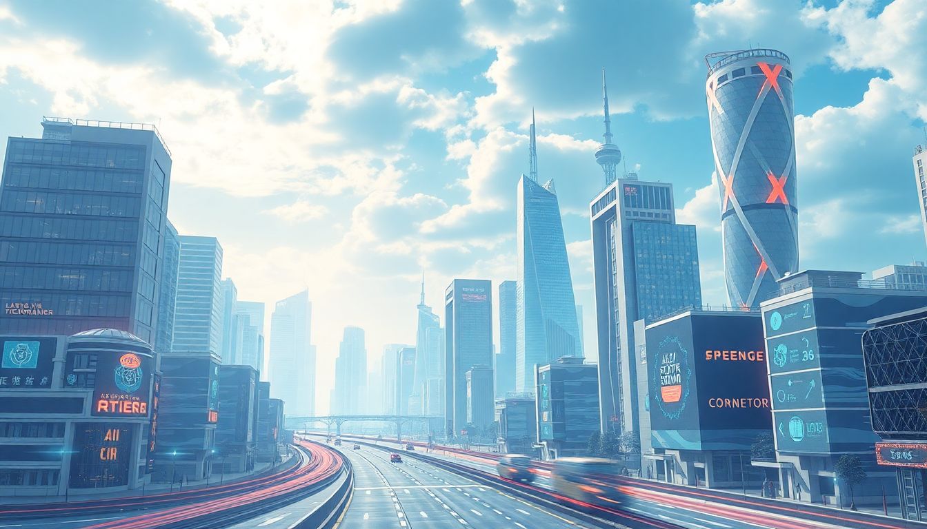Depict a futuristic cityscape with AI-driven technologies, highlighting both the benefits and potential risks.