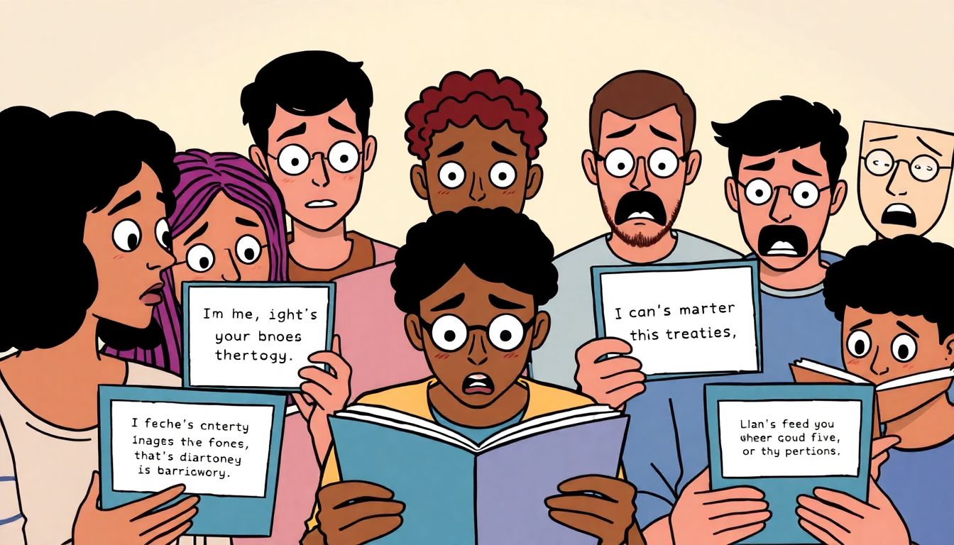 Illustrate a group of diverse readers reacting with surprise and dismay to offensive messages on their screens.