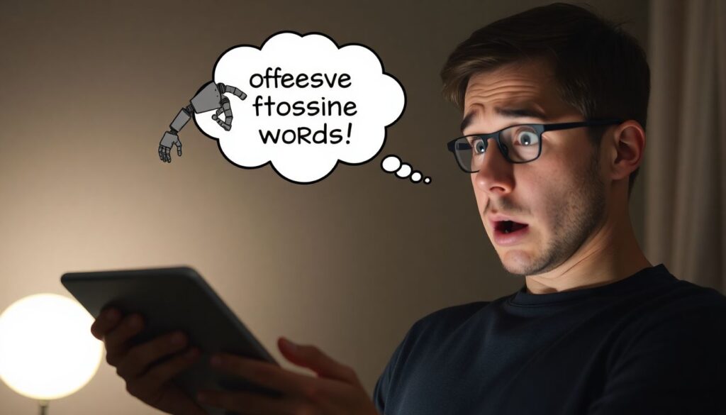 Create an image of a person reading a book on a digital tablet, with a thought bubble showing a robotic arm writing offensive words, and a shocked expression on the person's face.