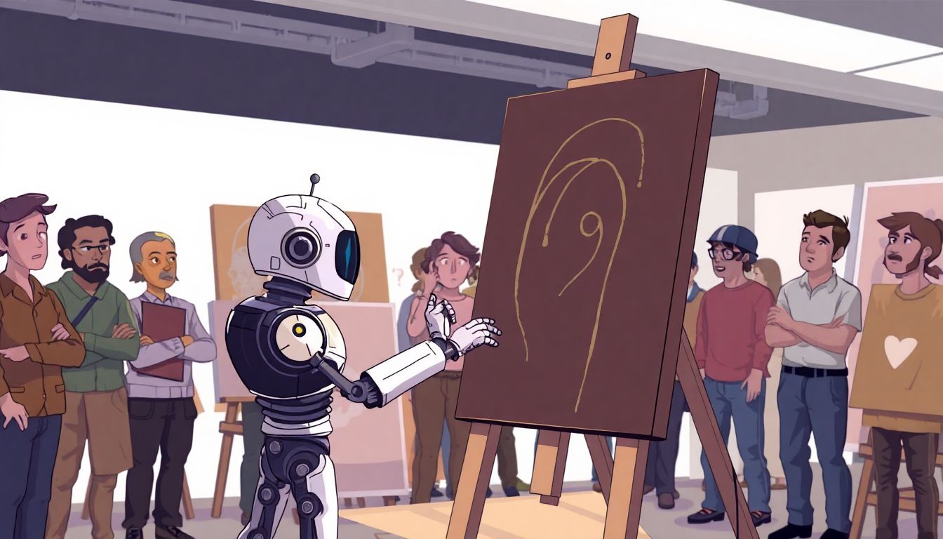 Illustrate a thought-provoking scene where a robot is trying to paint a canvas, surrounded by confused and concerned human artists watching from the background.