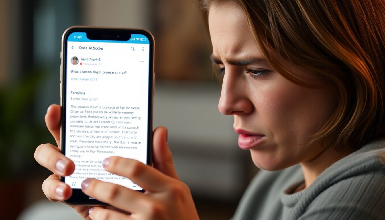 Create an image of a frustrated user looking at their phone, with a screenshot of the offensive AI-generated summary visible on the screen.
