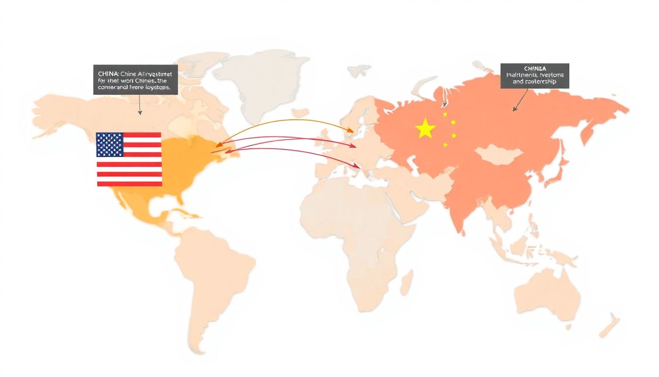 A world map with highlighted regions showing the influence of US and Chinese AI technologies, with arrows indicating the flow of investments and partnerships.