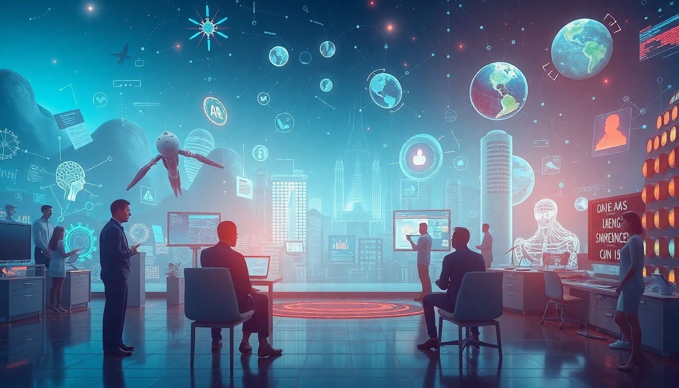 A futuristic scene depicting AI-driven innovations in healthcare, education, and entertainment, with a balance of optimistic and cautionary elements.