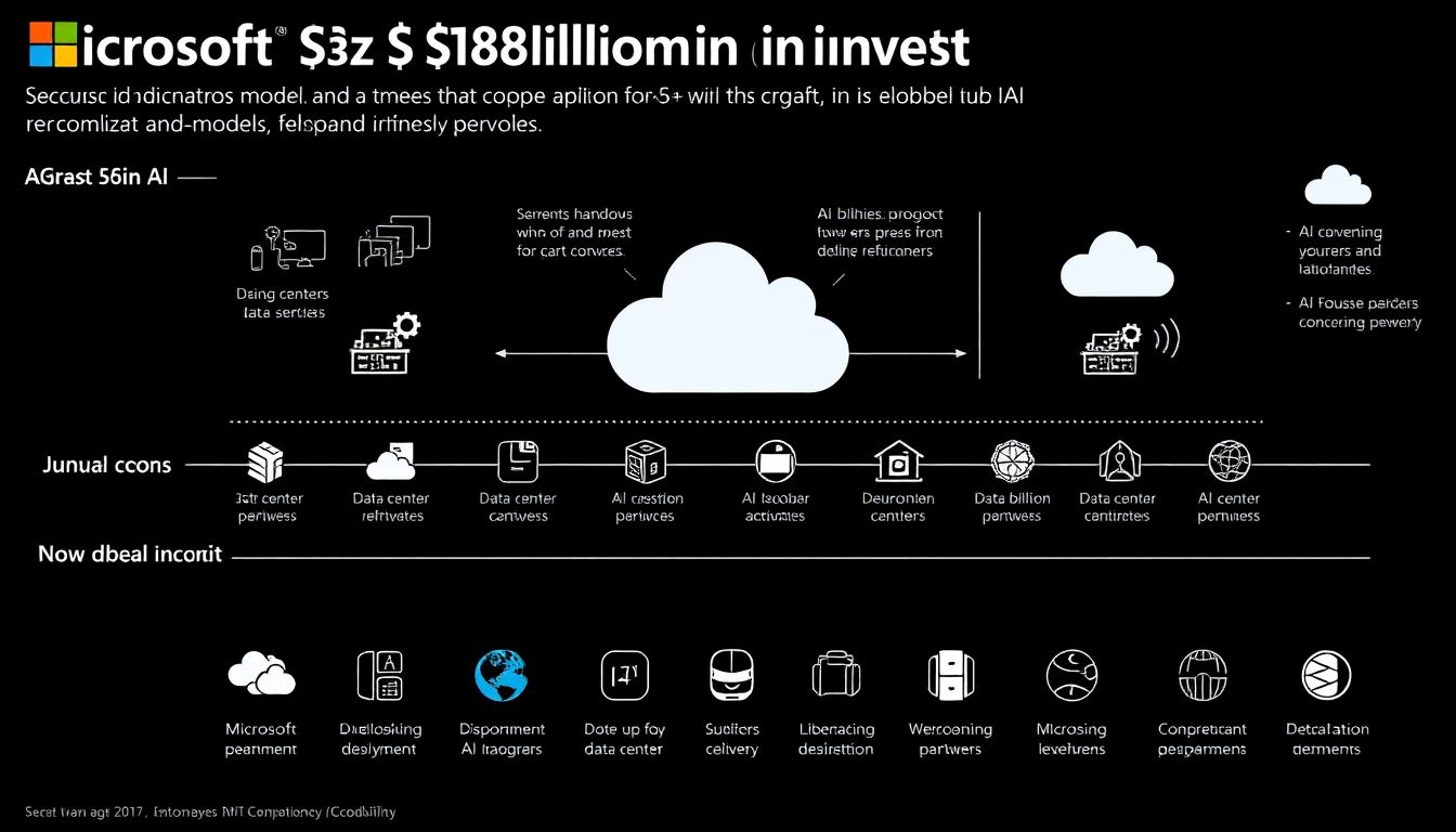 A detailed infographic showing the allocation of Microsoft's $80 billion AI investment across different sectors, with icons representing data centers, AI models, and cloud applications.
