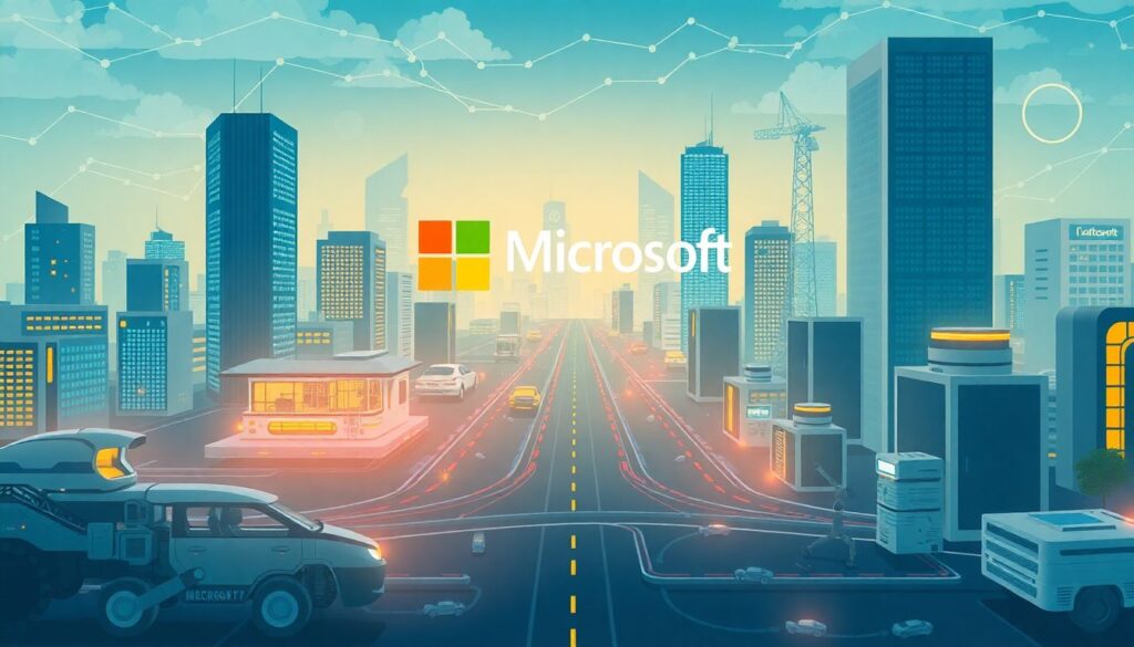 An illustration of a futuristic cityscape with Microsoft's logo prominently displayed, surrounded by AI-driven technologies such as self-driving cars, smart homes, and advanced robotics, all connected by a network of data centers.