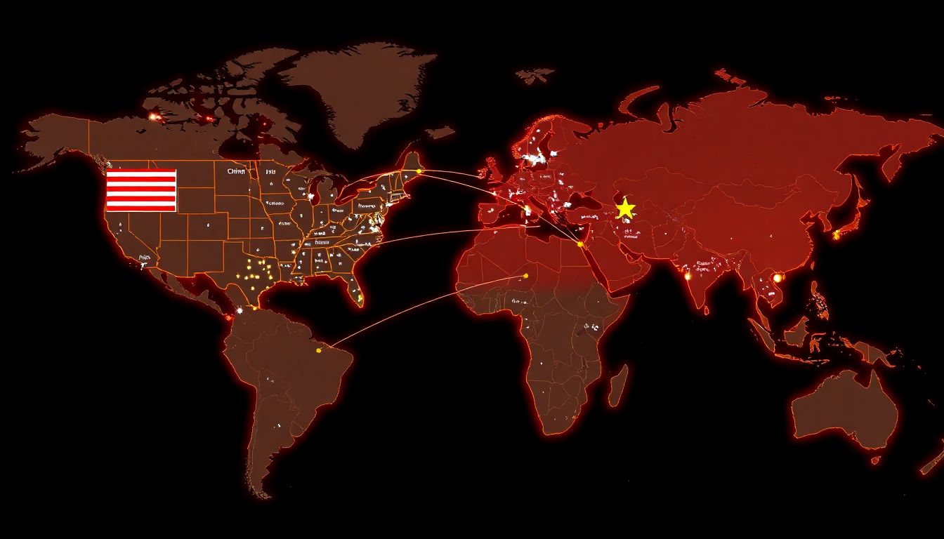 Depict a global map with the United States and China highlighted, showing the spread of their AI systems to other countries.