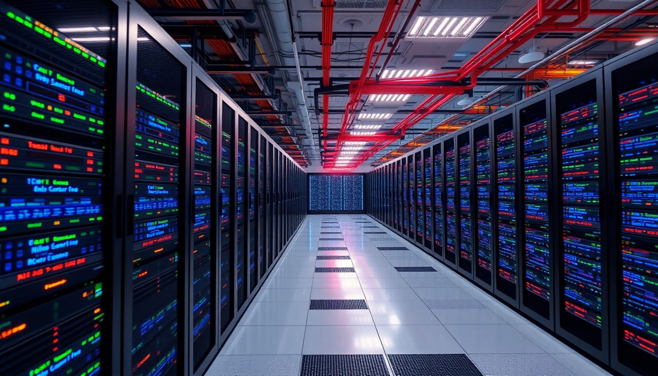 Showcase a vibrant AI datacenter with rows of servers and data processing units, emphasizing the scale and complexity of Microsoft's AI infrastructure.