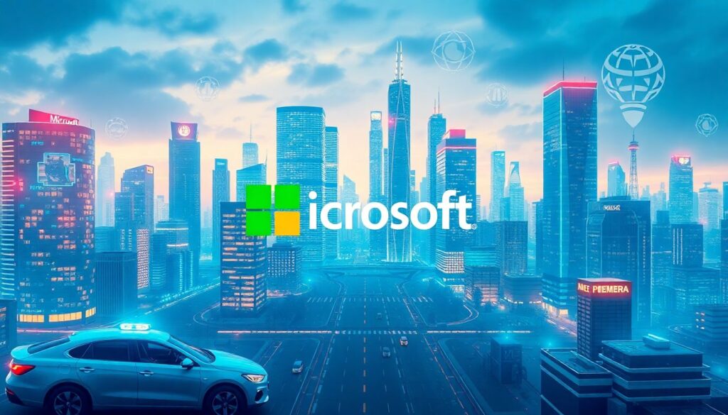 Create an image of a futuristic cityscape with Microsoft's logo prominently featured, surrounded by AI-driven technologies such as self-driving cars, smart homes, and robotic assistants.