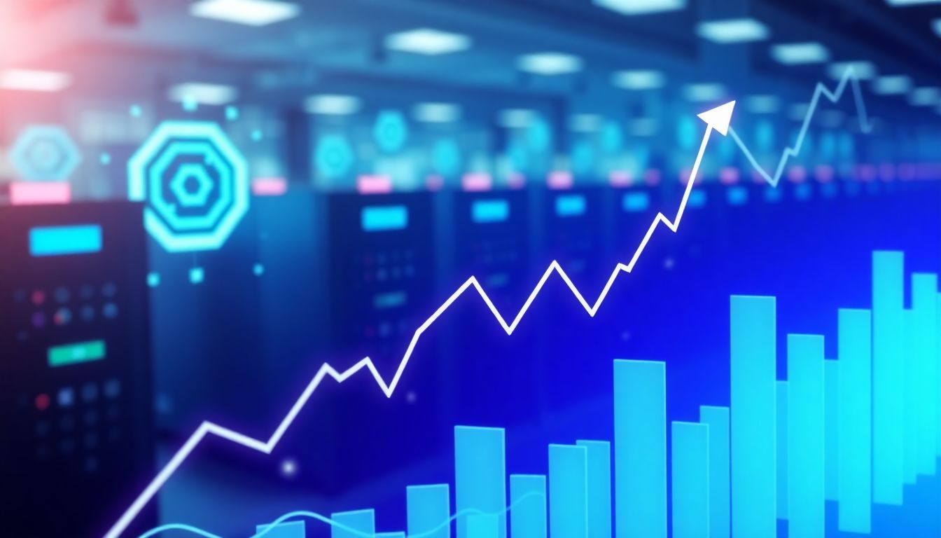 Depict a calming scene of a stock market graph showing a steady rise, with AI chips and data centers in the background.