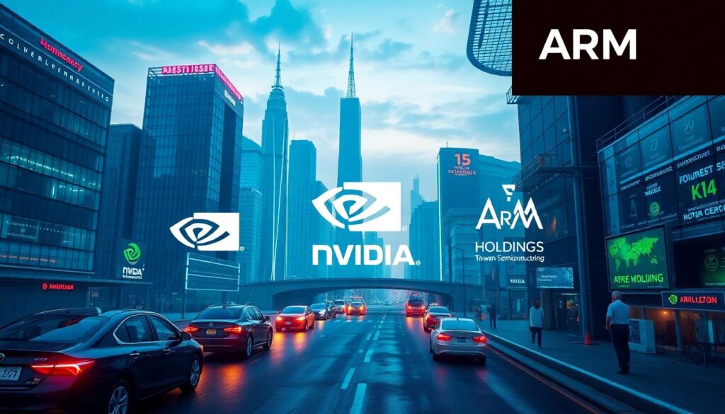 Generate an image of a futuristic cityscape with AI-powered technologies, including self-driving cars, smart buildings, and advanced data centers, with the logos of Nvidia, Taiwan Semiconductor Manufacturing, and Arm Holdings prominently displayed.