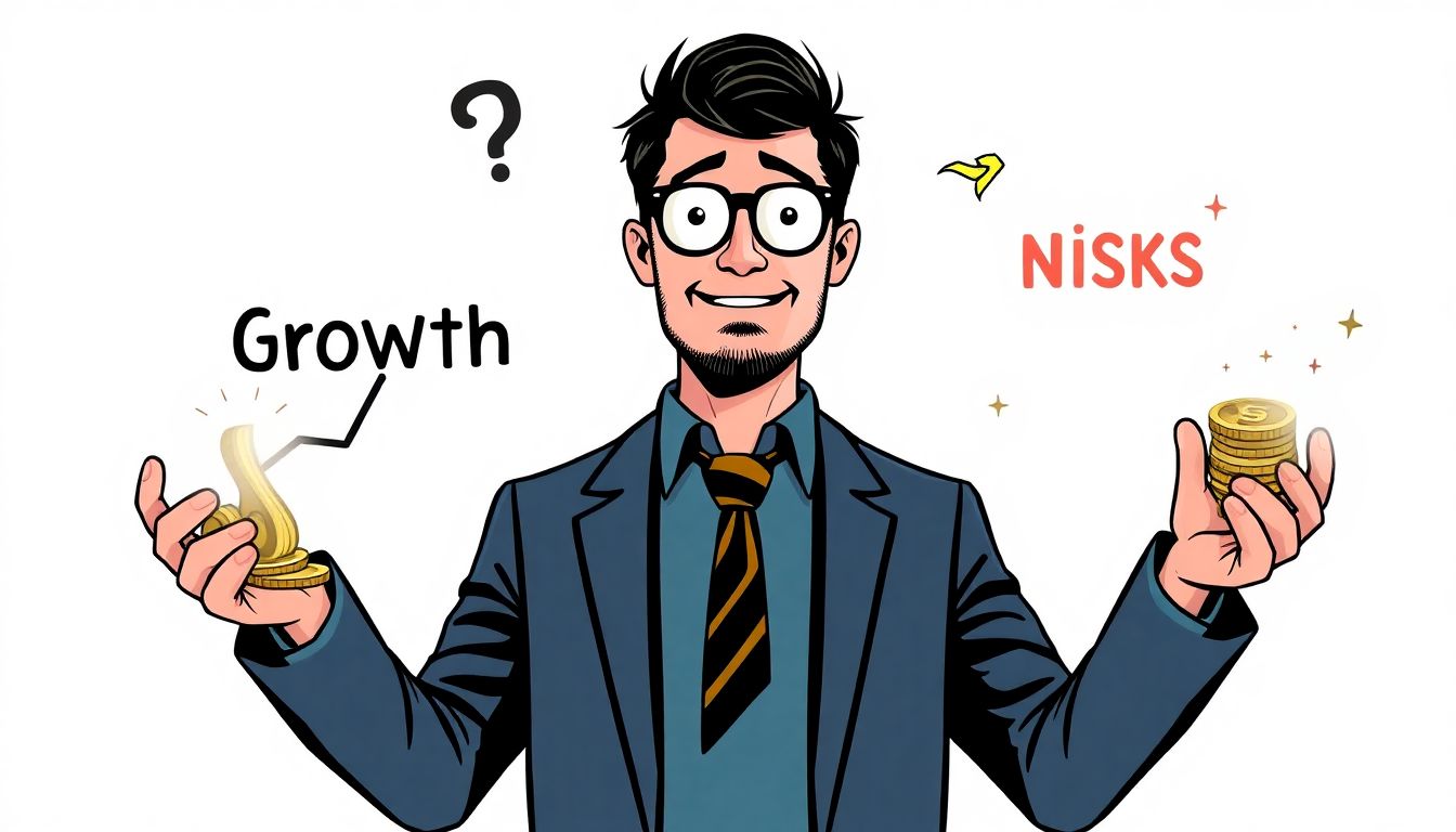 Design a playful and engaging image that depicts an investor weighing the pros and cons of investing in Nvidia, with visual elements representing growth and risk.
