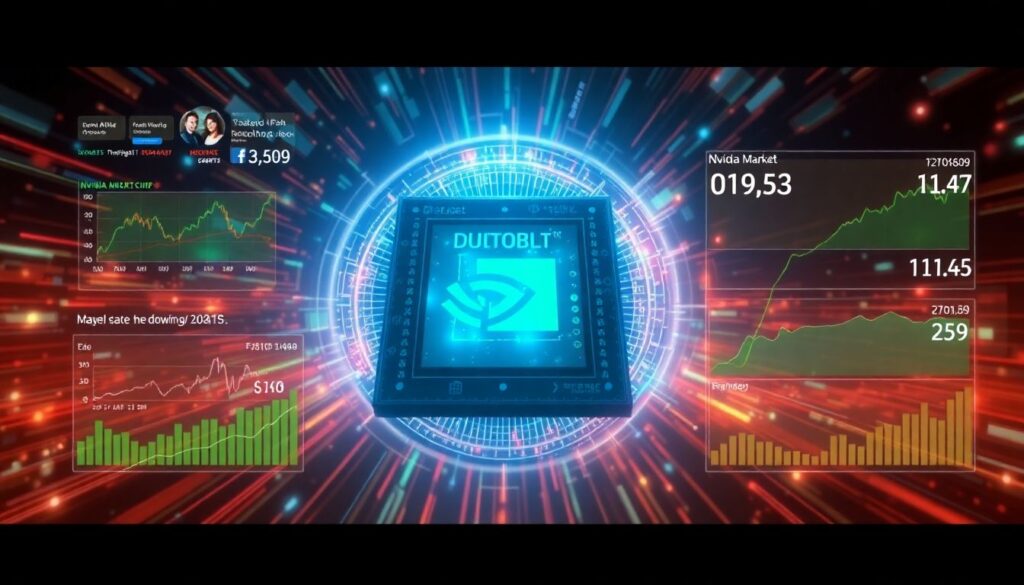 Create an engaging image that showcases Nvidia's dominant position in the AI chip market, with futuristic graphics and charts highlighting its stock performance and market share.
