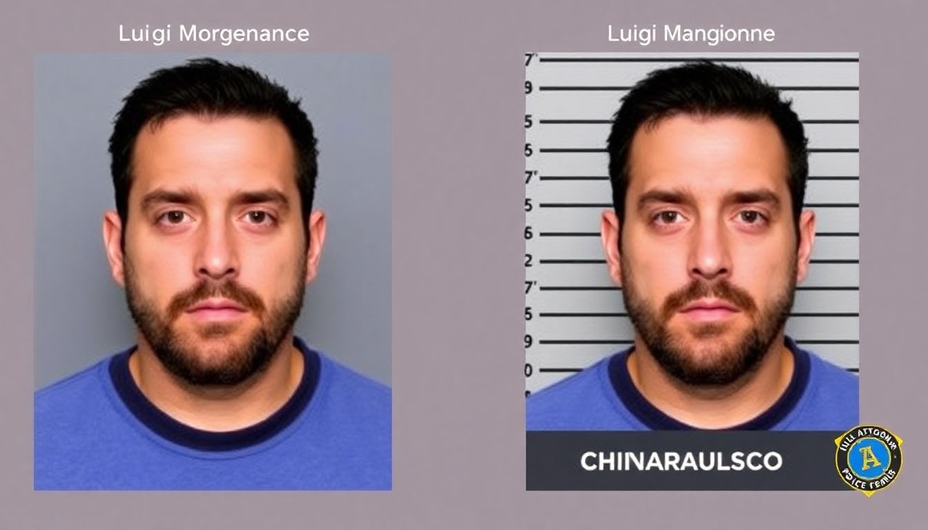 Generate an image comparing the AI-generated mugshot of Luigi Mangione with the real mugshot released by the Altoona Police Department, highlighting the differences.