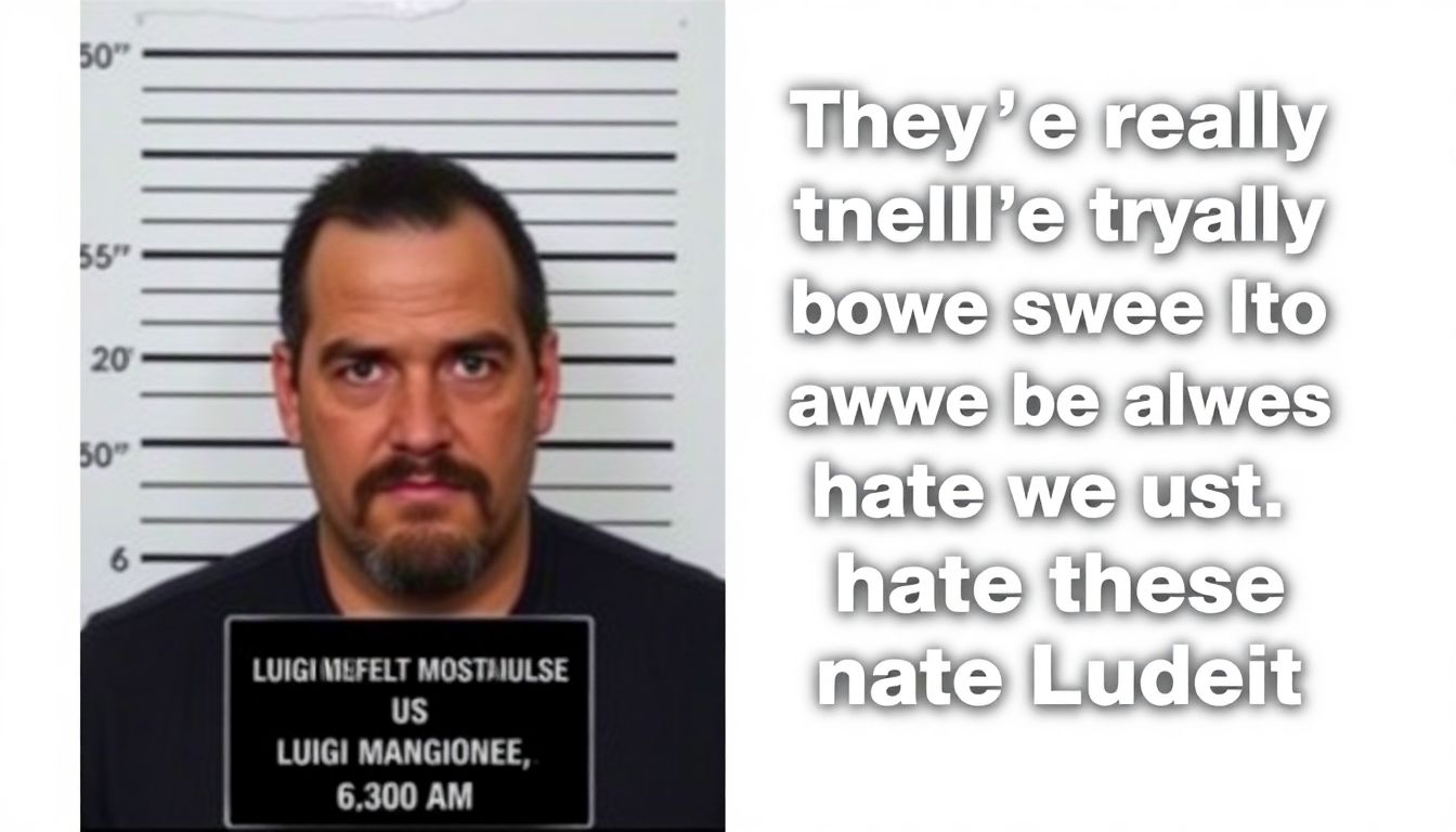 Create an image depicting a social media post with the viral mugshot of Luigi Mangione, highlighting the text 'They’re really trying to make us hate Luigi with these mugshots.'