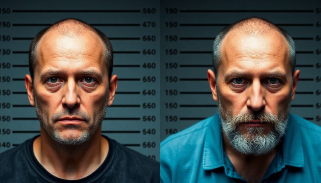 Generate an intriguing image that represents the concept of AI-generated images versus real mugshots, with a focus on the viral image of Luigi Mangione.