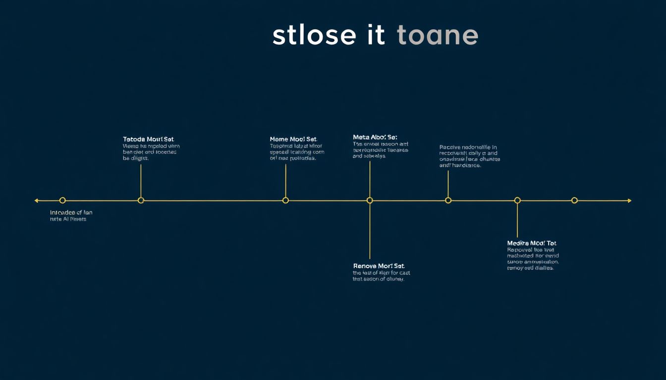 Create an image of a timeline showing the introduction, peak, and removal of Meta's AI profiles, with key events highlighted.