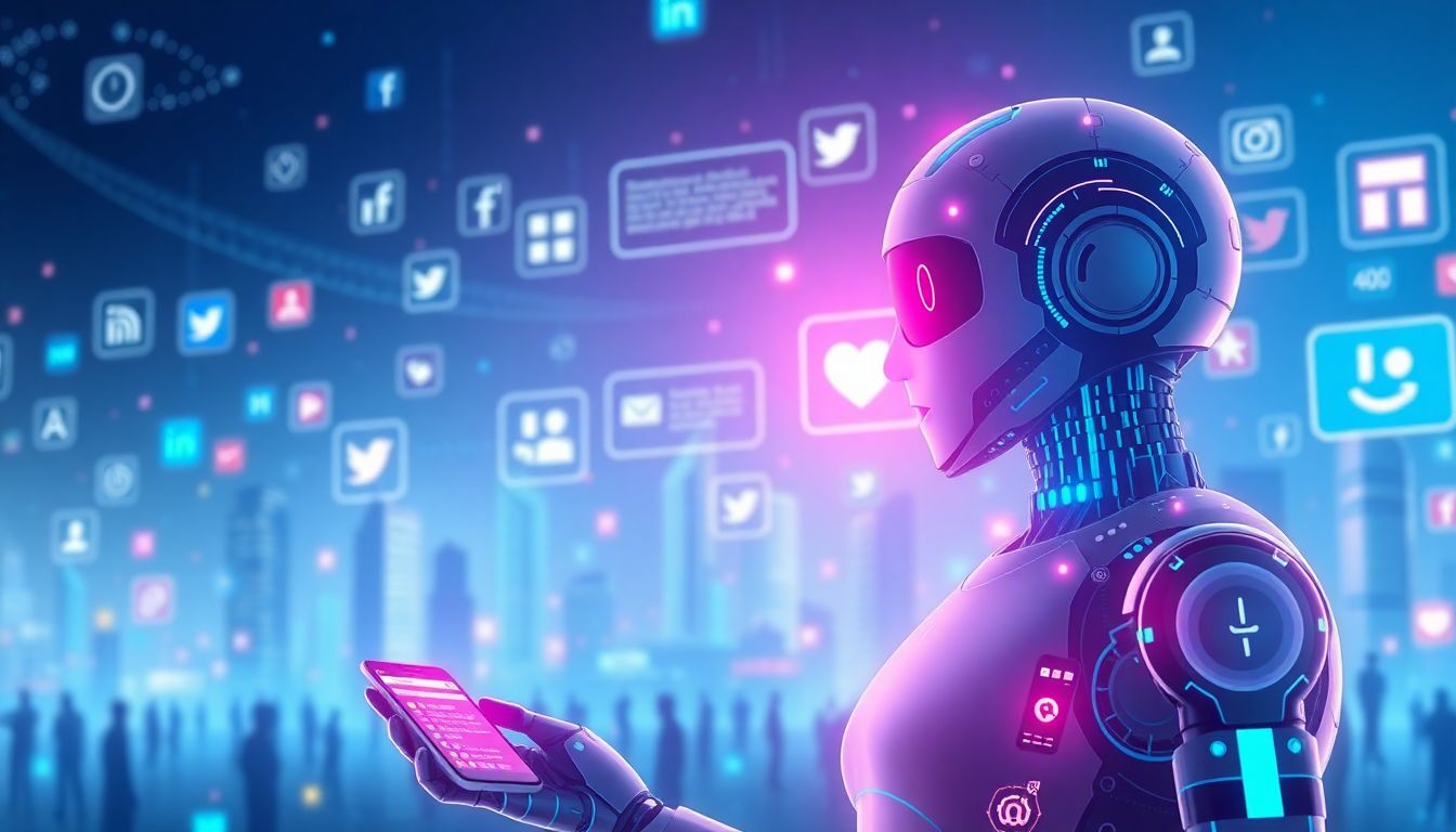 Generate an image of a futuristic social media landscape with AI chatbots interacting with users, highlighting both the potential benefits and ethical concerns.