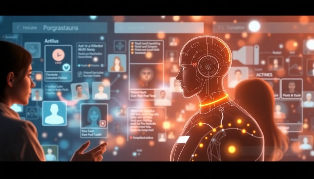 Generate an image of a futuristic social media interface with AI-powered profiles interacting with human users, showcasing a blend of technology and humanity.