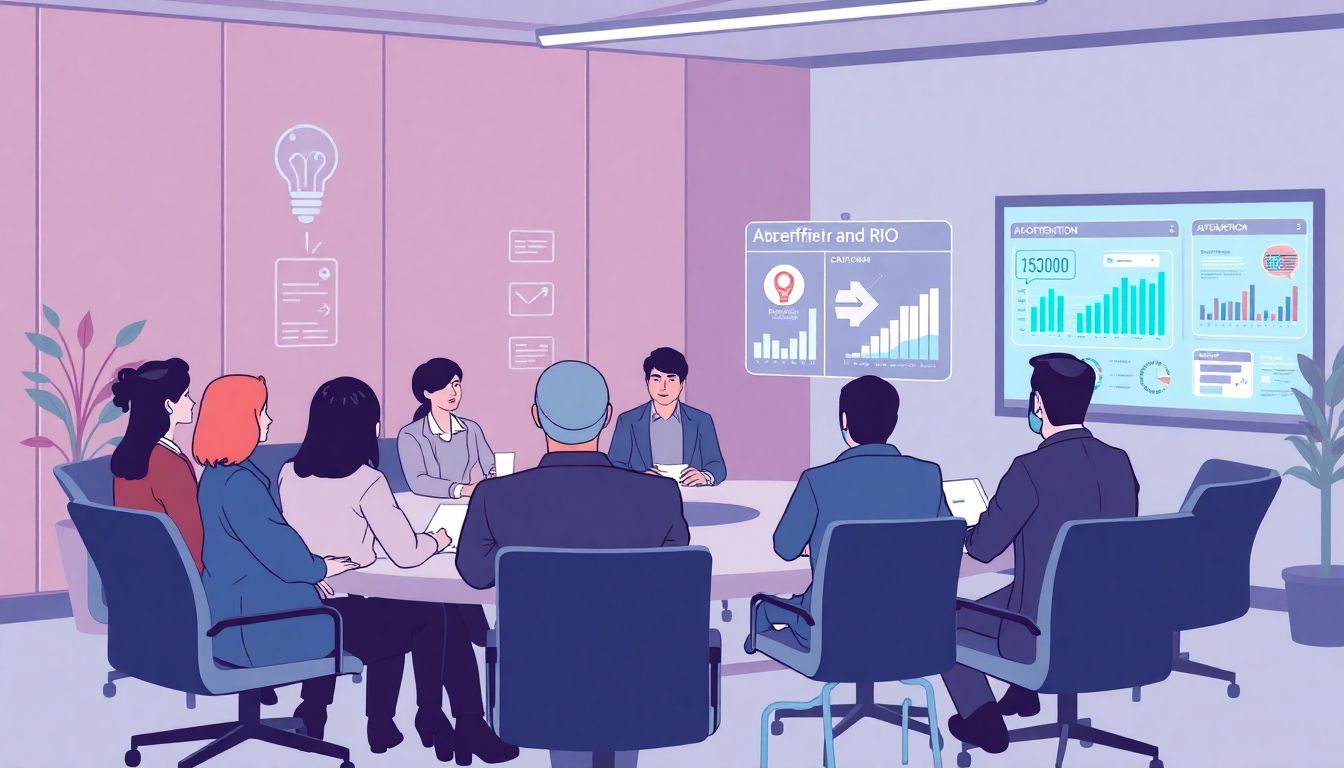 Illustrate a team meeting where stakeholders are being presented with the benefits and ROI of AI adoption, with visual aids and charts supporting the discussion.