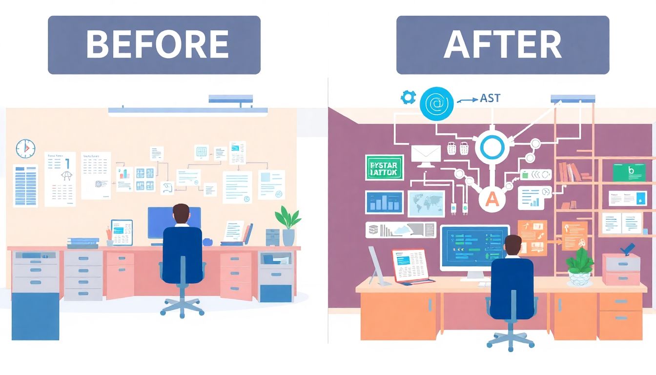 Illustrate a before-and-after scenario of a back office, showing the transformation from manual processes and legacy systems to a streamlined, AI-driven environment.