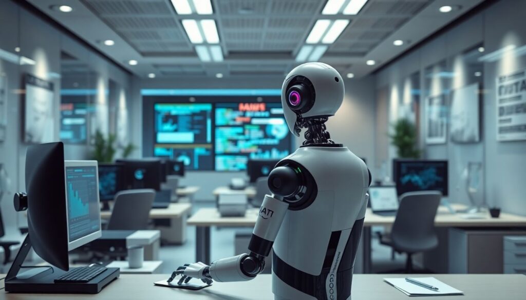 Create an image of a futuristic office setting where robotic assistants and AI algorithms are seamlessly integrated into the back-office environment, with data flowing smoothly between departments.