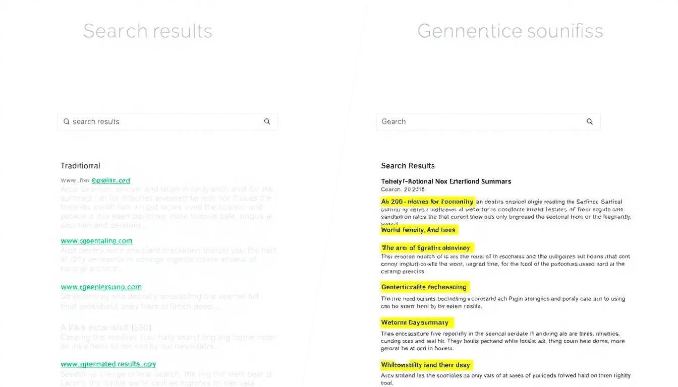 A comparison image showing a traditional search engine results page versus a generative search results page with AI-generated summaries.