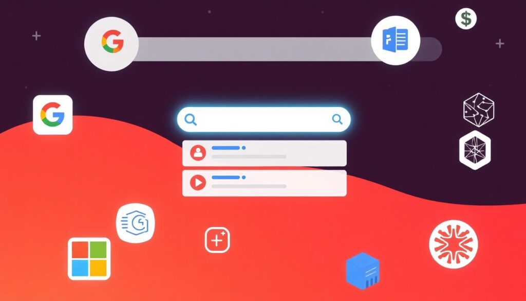An illustration showcasing a futuristic search interface with AI-generated responses, surrounded by icons of major tech companies like Google, Microsoft, and OpenAI.