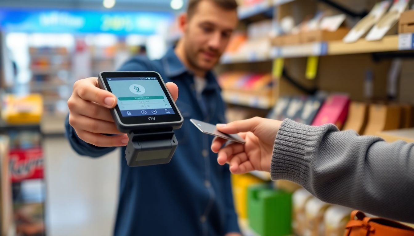 Show a customer using a portable POS device to make a contactless payment while shopping in a store.