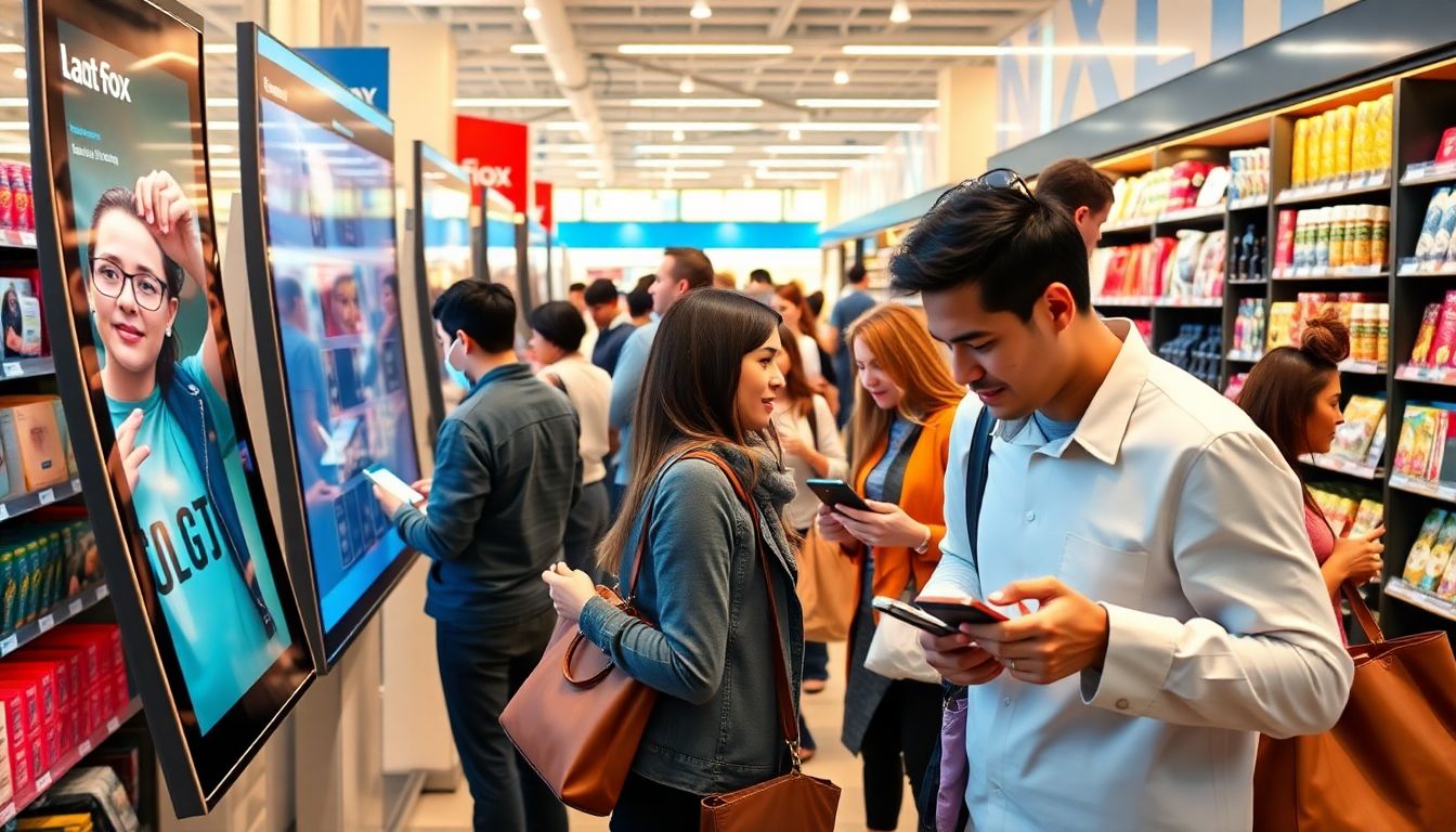 Depict a bustling shopping scene with customers using digital features like interactive displays and mobile checkout.