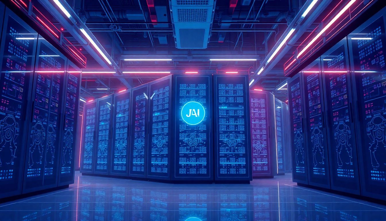 Illustrate a state-of-the-art data center with AI-powered servers and futuristic technology.